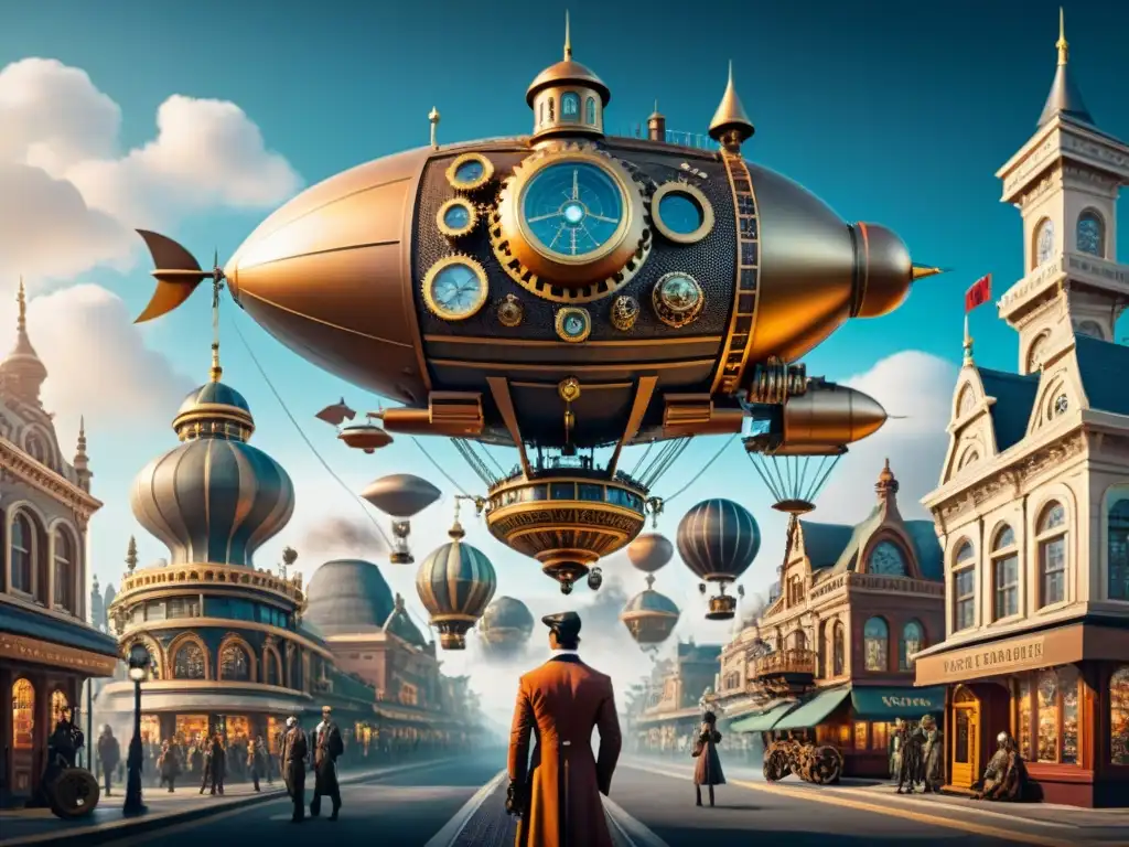 Vibrante ciudad steampunk victoriana con seres fantásticos y aire de innovación