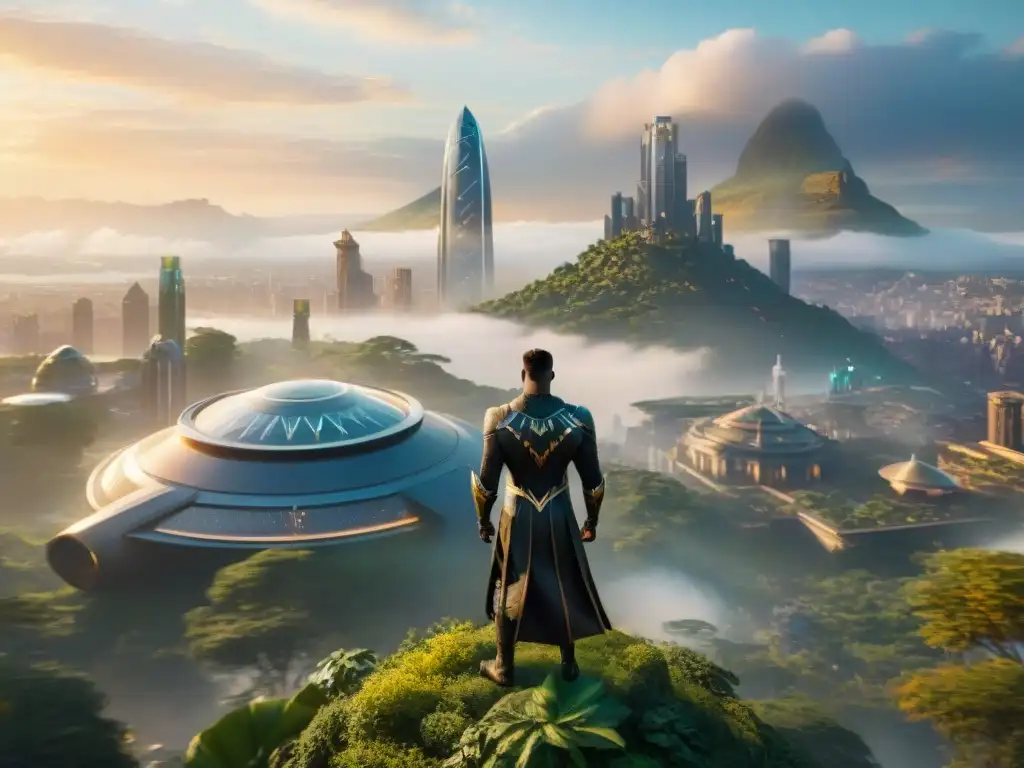 Vibrante cultura de Wakanda: ciudad avanzada fusionada con naturaleza, tecnología y diversidad, bañada por un atardecer wakandiano