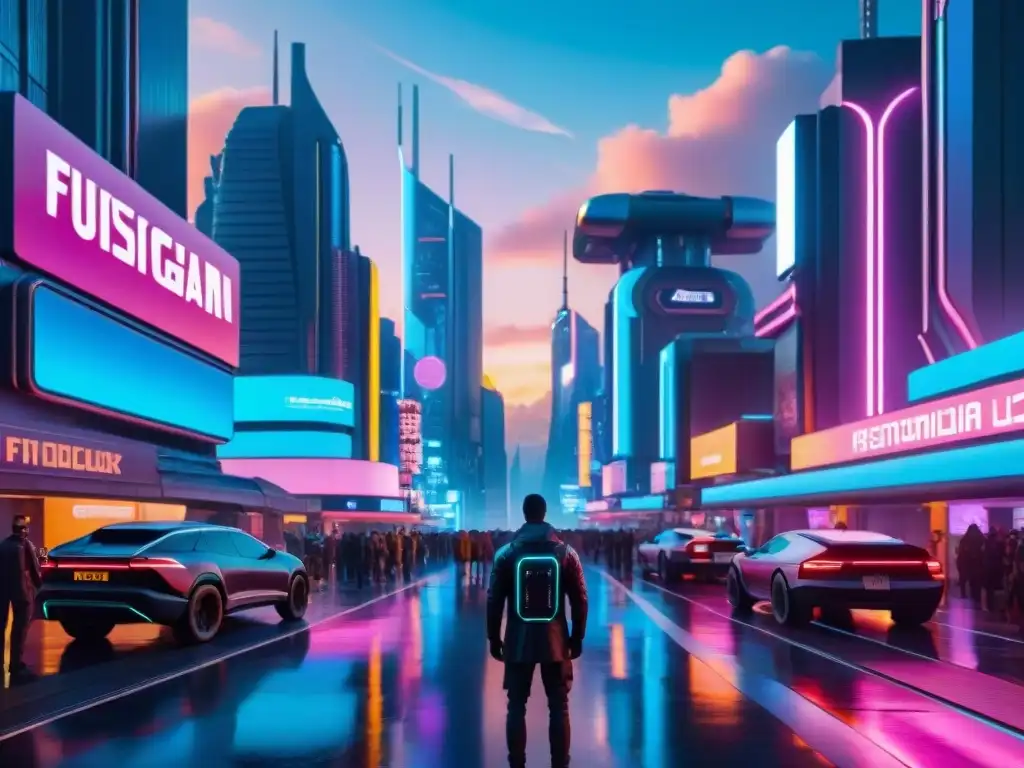 Vibrante metrópolis cyberpunk con rascacielos neón, datos brillantes y atardecer digital