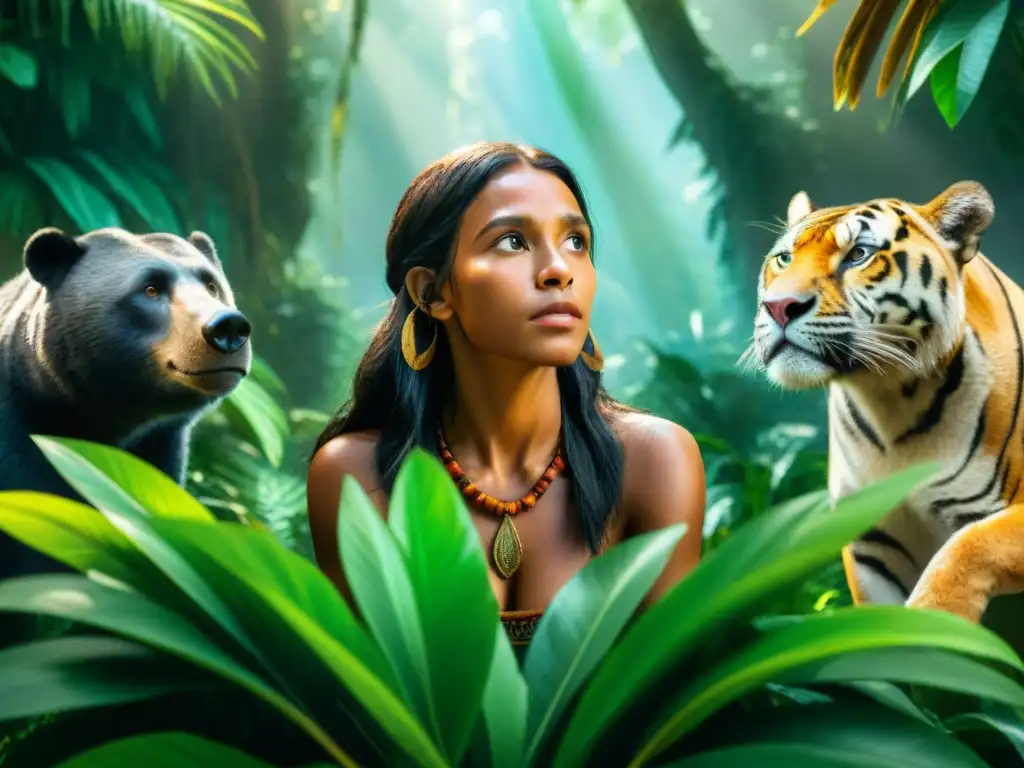 Una ilustración vibrante y detallada muestra a Mowgli en una gobernanza tribal en El Libro de la Selva, junto a Bagheera, Baloo y Akela