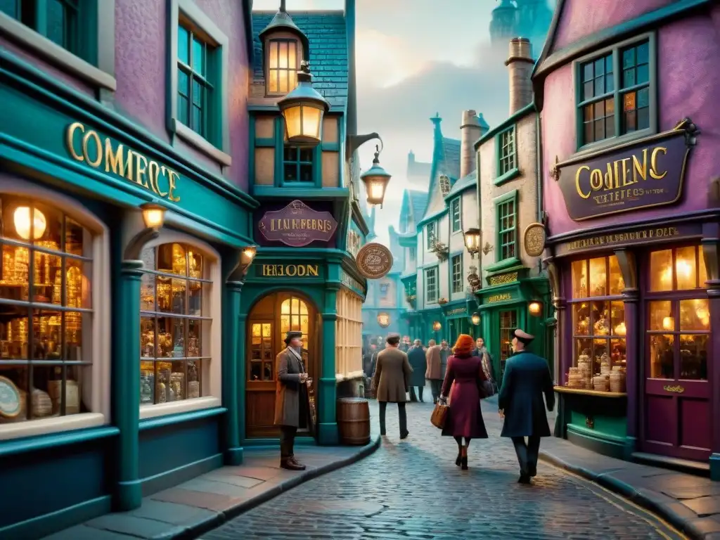 Vibrante economía de Harry Potter mundo: Diagon Alley bulliciosa con tiendas, brujas, magos y monedas mágicas