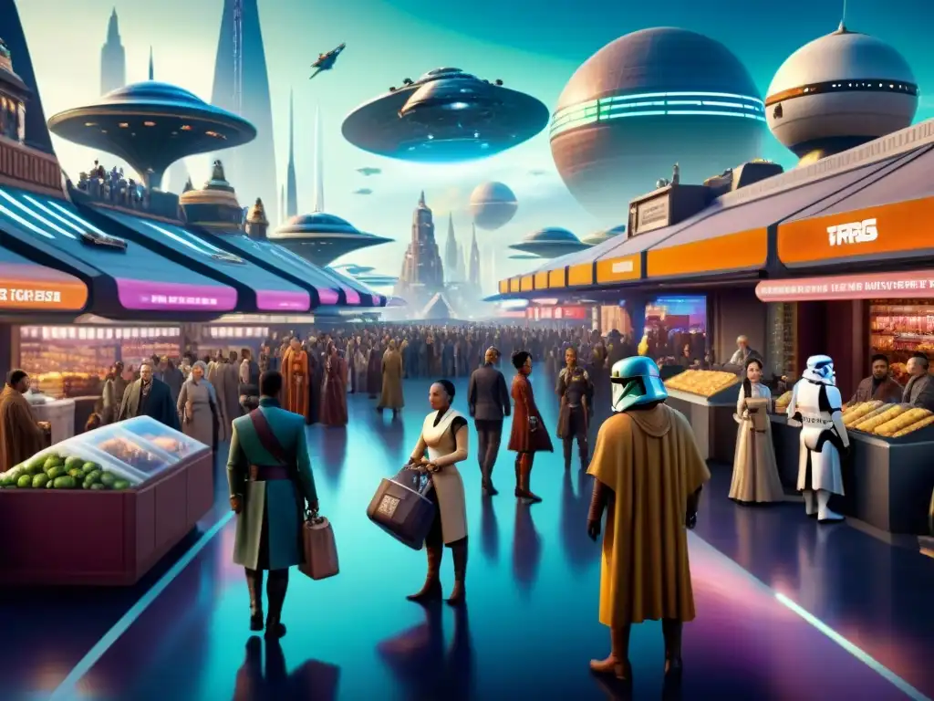 Una vibrante economía interplanetaria en Star Wars: bullicioso mercado en Coruscant con diversas especies alienígenas comerciando