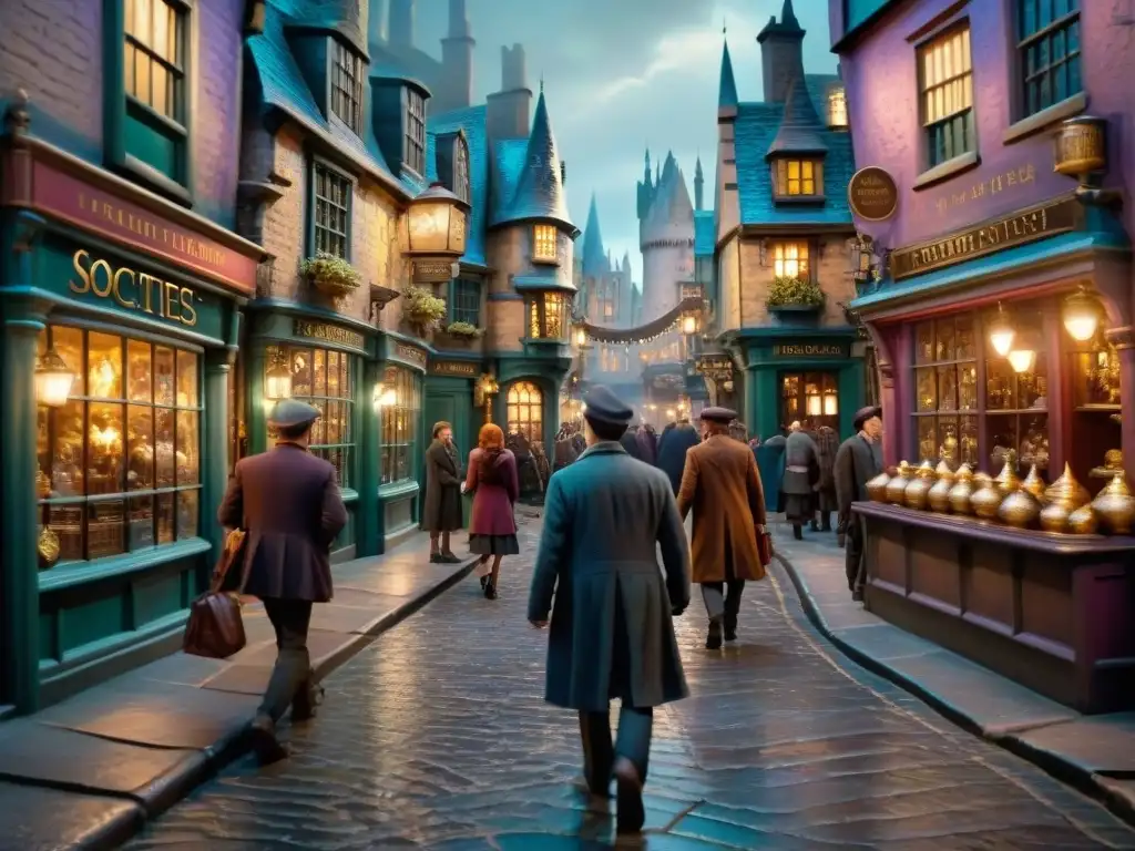 Vibrante economía de Harry Potter mundo: Diagon Alley llena de magia, brujas, magos y monedas de oro brillantes