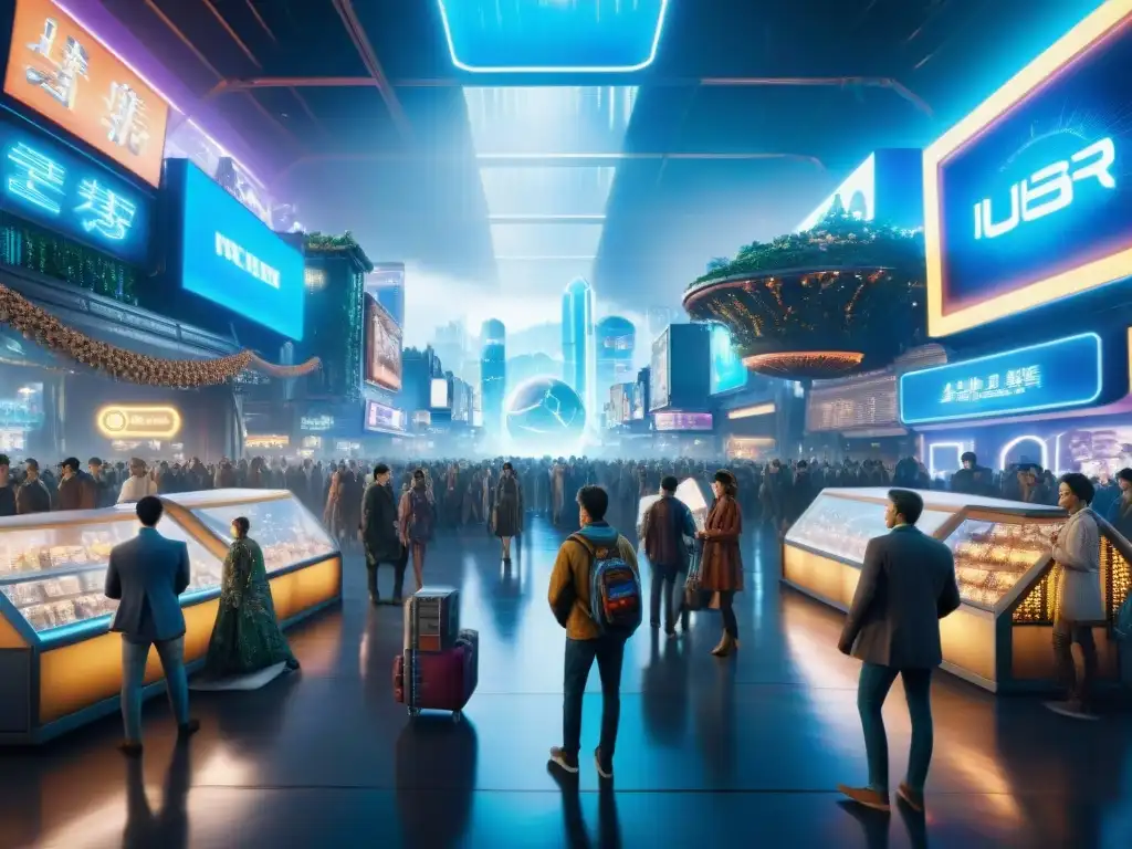 Vibrante economía en Ready Player One: avatares realizan actividades comerciales en un mercado virtual futurista