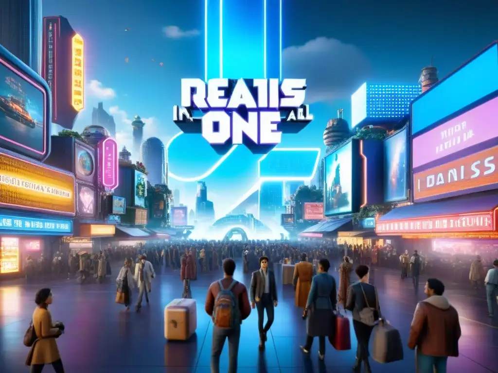 La vibrante economía en Ready Player One: mercado virtual en el OASIS con avatares comerciando entre rascacielos futuristas y letreros de neón