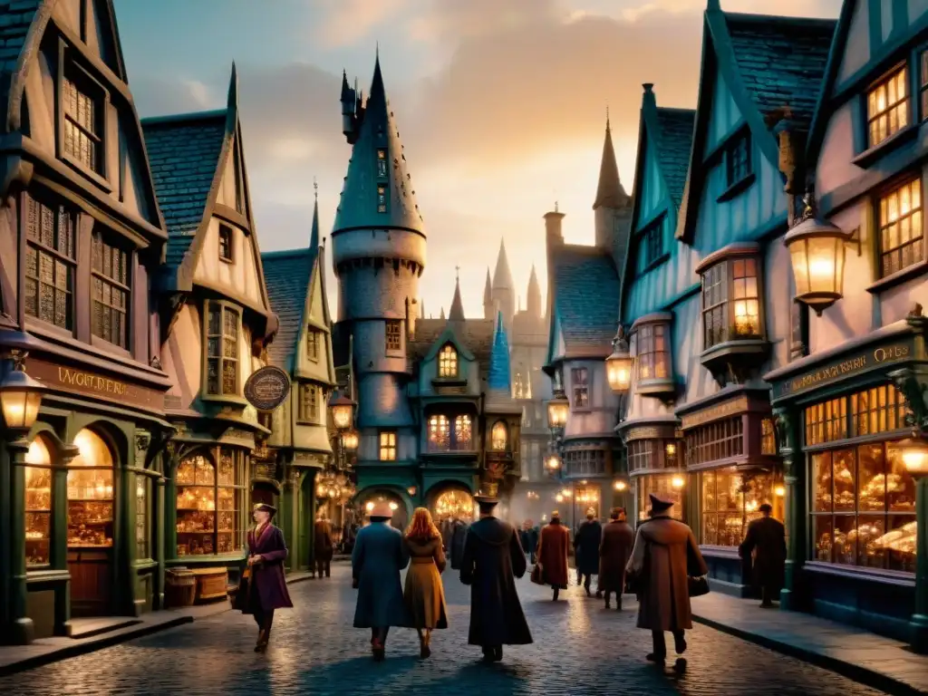 Vibrante escena de la economía en el mundo mágico: Diagon Alley iluminada al atardecer, llena de magia y actividad