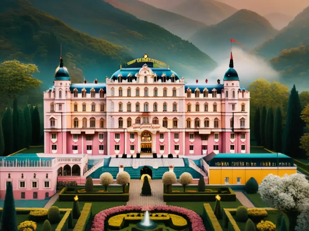 Vibrante escena del Gran Hotel Budapest, con su fachada pastel, jardines exuberantes y actividad constante