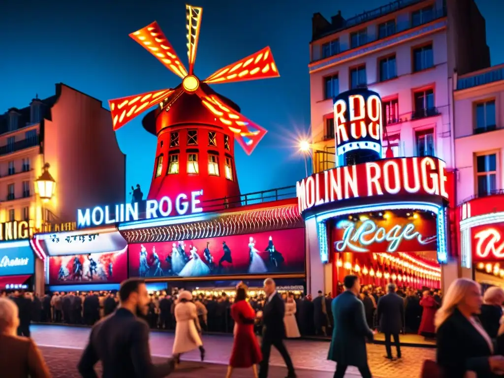 Vibrante escena nocturna del Moulin Rouge con elegantes asistentes, evocando la historia del cabaret parisino