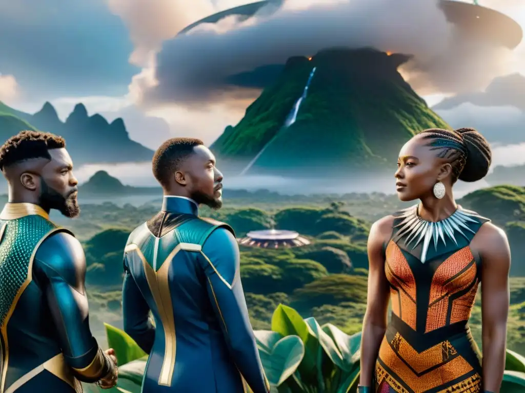 Una vibrante escena en Wakanda que fusiona tecnología y tradiciones en un debate entre ancianos