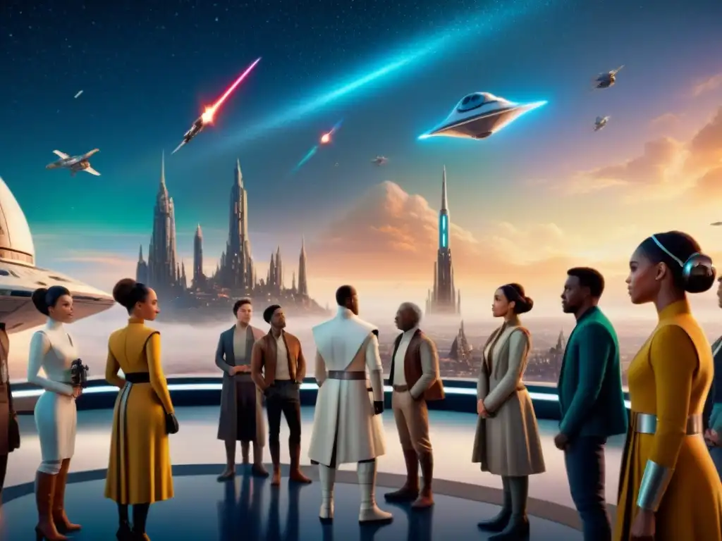 Un vibrante escenario urbano fusionando elementos futuristas y arquitectura clásica, con un grupo diverso de personas disfrazadas de 'Star Wars' debatiendo bajo un cielo estrellado lleno de naves espaciales