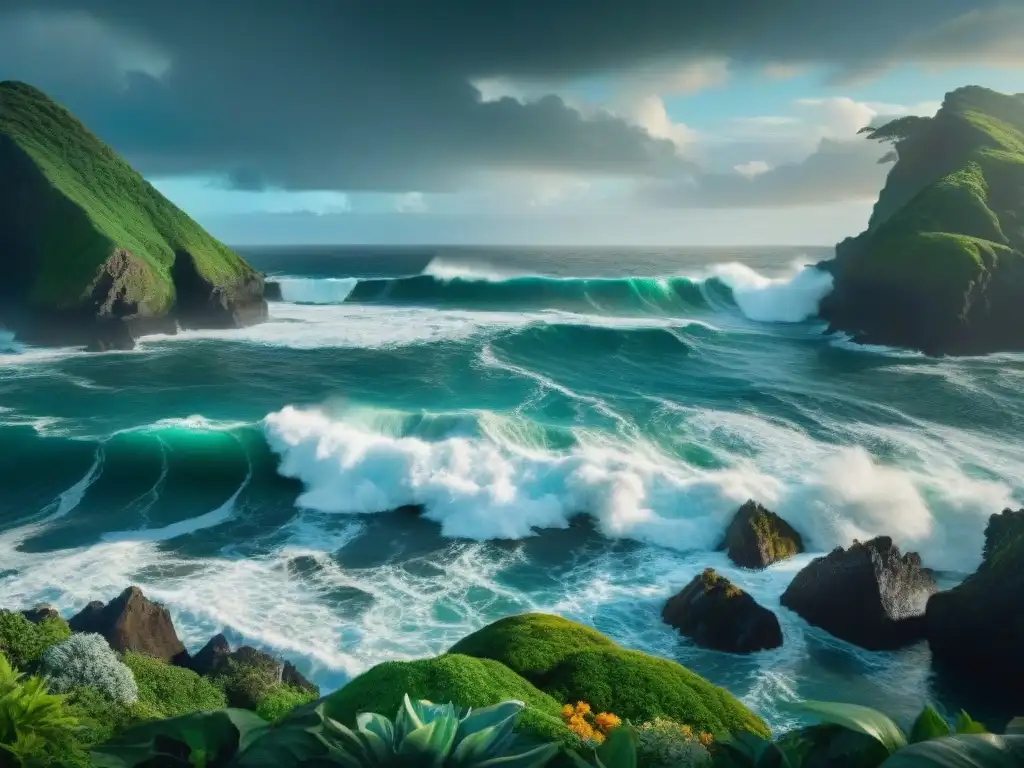 Un jardín vibrante y un mar tempestuoso contrastan, evocando los Orígenes de humanos y criaturas