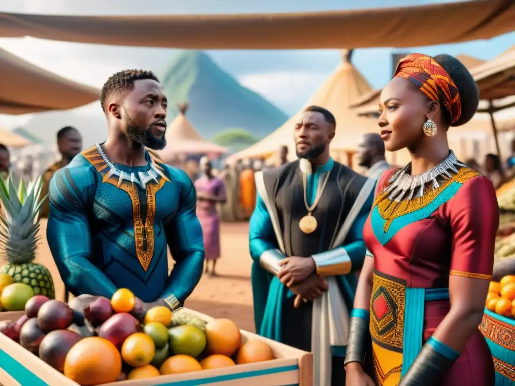 Un vibrante mercado africano en Wakanda con ropa tradicional, textiles coloridos y frutas exóticas