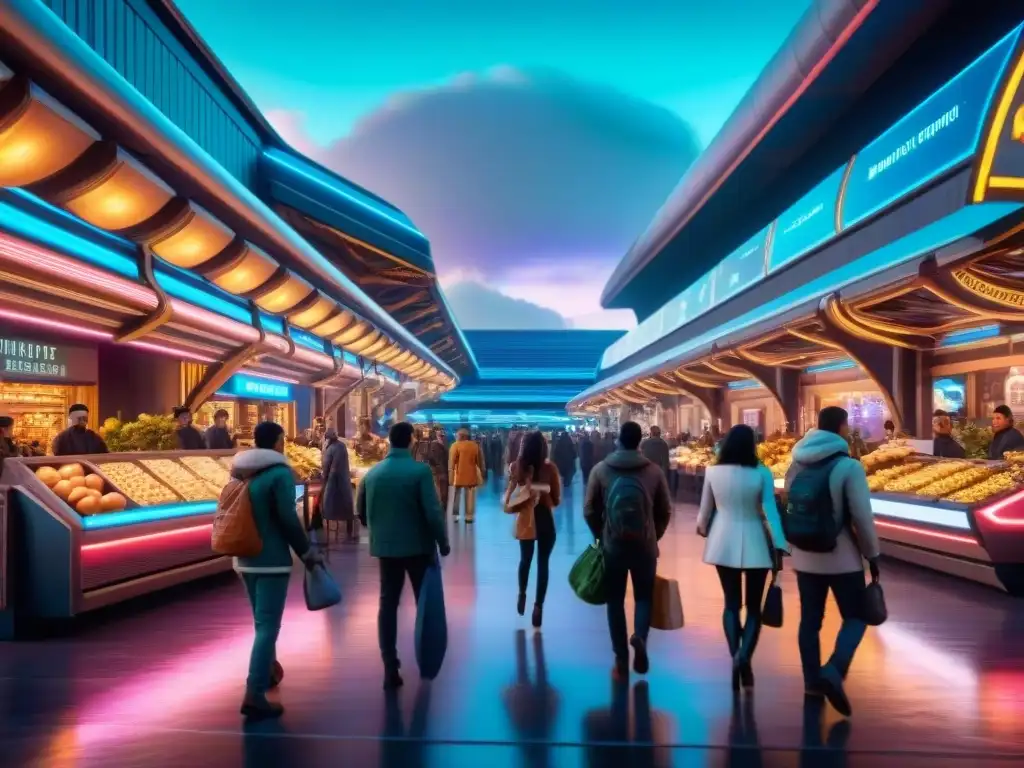 Vibrante mercado en ciudad futurista de planeta remoto, con seres alienígenas y humanos intercambiando bajo luces de neón