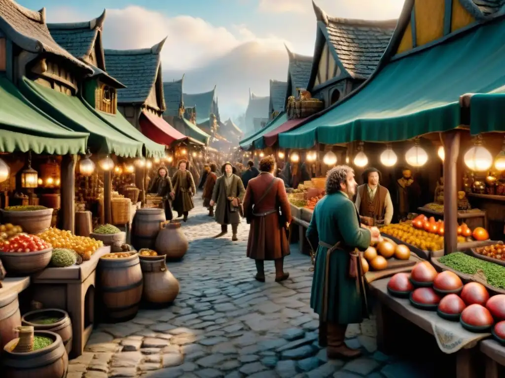 Vibrante mercado de la Ciudad del Lago en 'El Hobbit', reflejando la economía en el mundo Hobbit