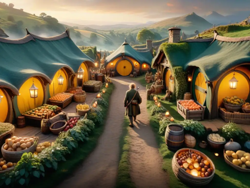 Un vibrante mercado en la Comarca, hobbits comerciando bajo la luz de las linternas