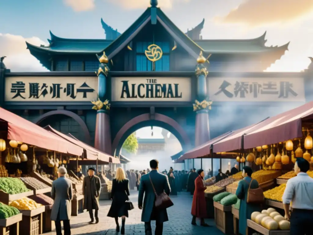 Vibrante mercado de Central City en Fullmetal Alchemist con comerciantes y clientes intercambiando bienes alquímicos