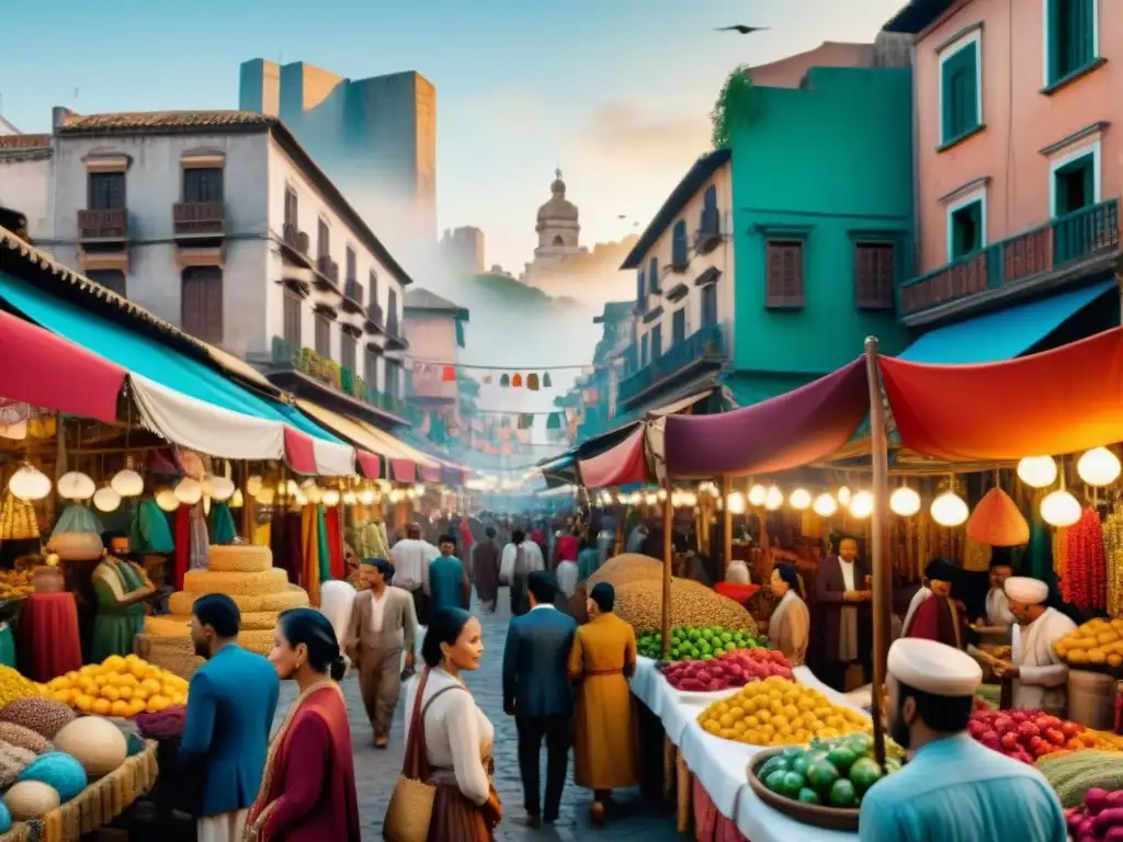 Vibrante mercado en la economía de El Nombre del Viento, con mercaderes, regateos y arquitectura detallada