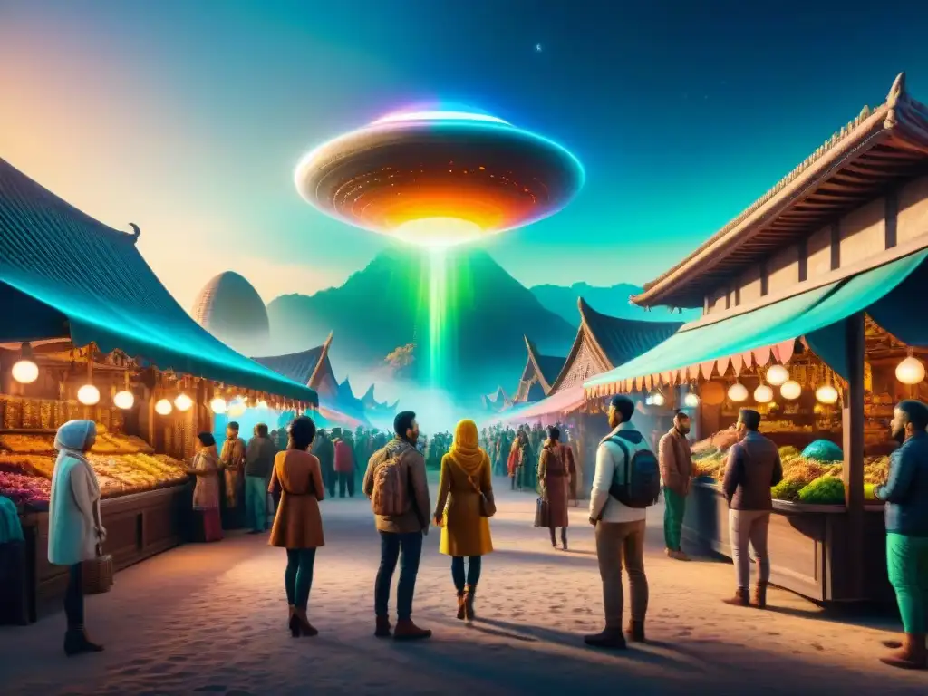 Un vibrante mercado extraterrestre ilustrando la importancia de tradiciones en sociedades alienígenas