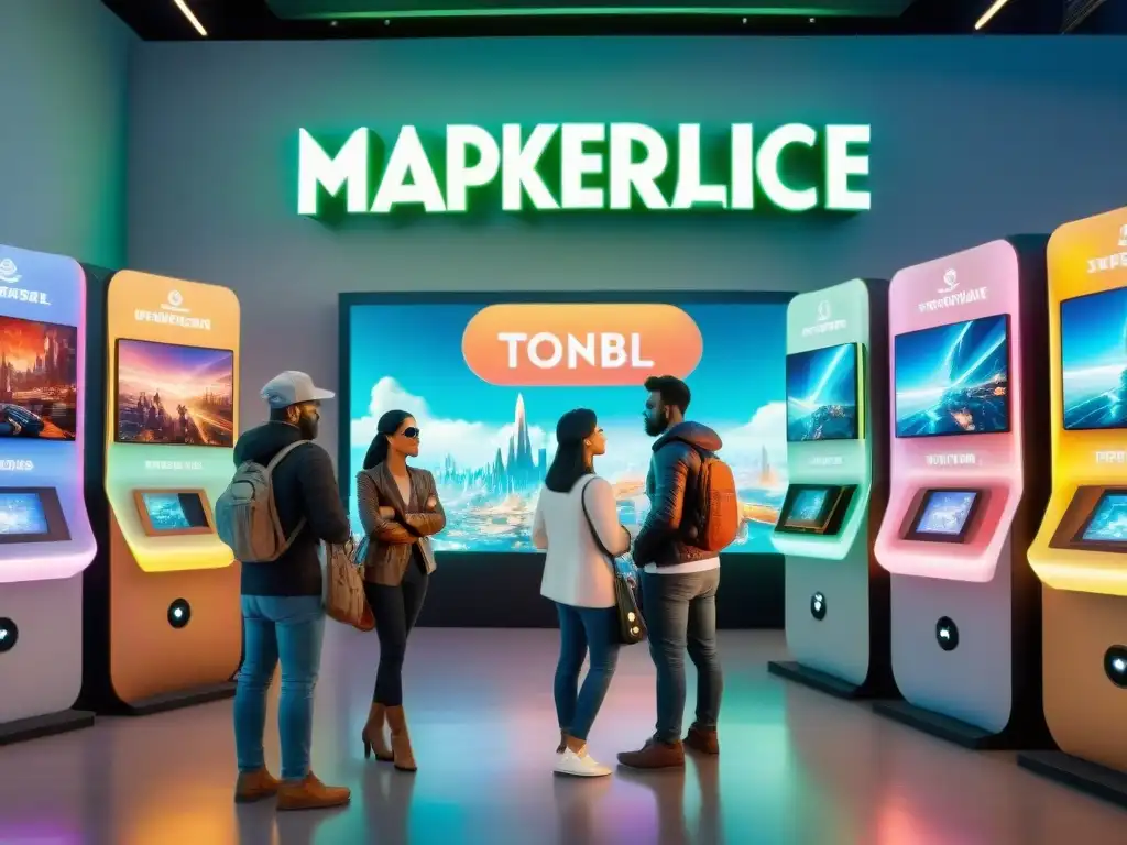 Un vibrante mercado futurista lleno de especies alienígenas explorando mercancía personalizada en mundos ficticios