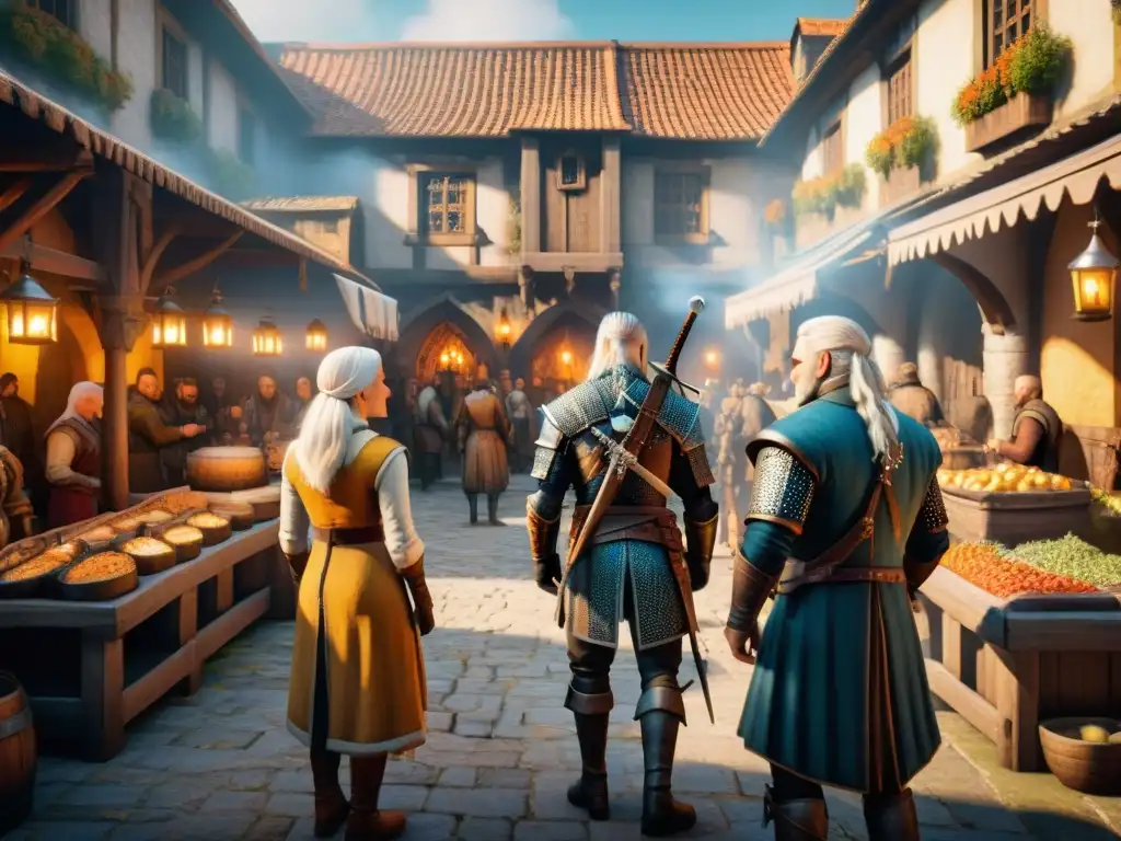 Vibrante mercado medieval en The Witcher con humanos, elfos, enanos y criaturas míticas coexistiendo pacíficamente