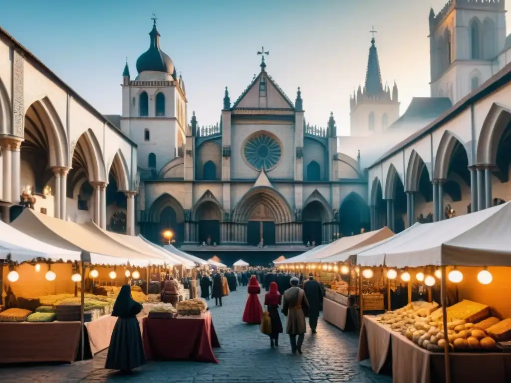 Vibrante mercado medieval bajo la majestuosa catedral, evocando 'Los Pilares de la Tierra mitología'