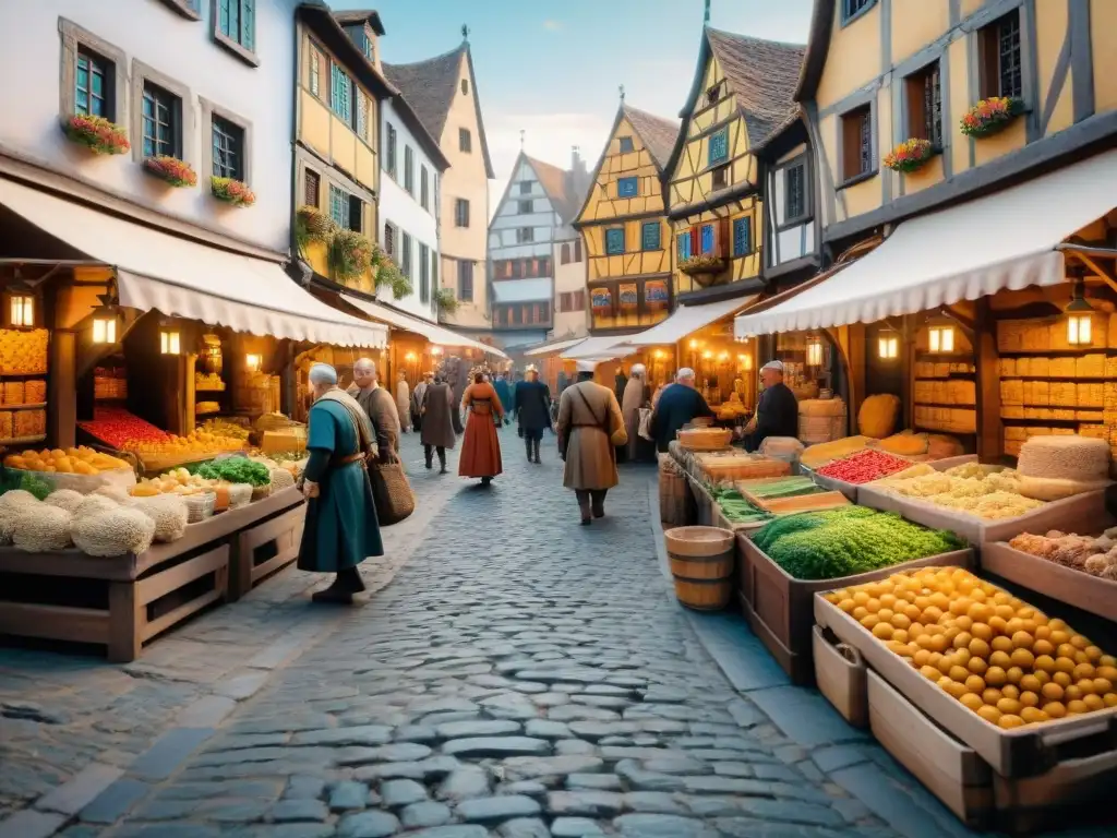 Vibrante mercado medieval en miniatura con figuras comerciando en calles empedradas