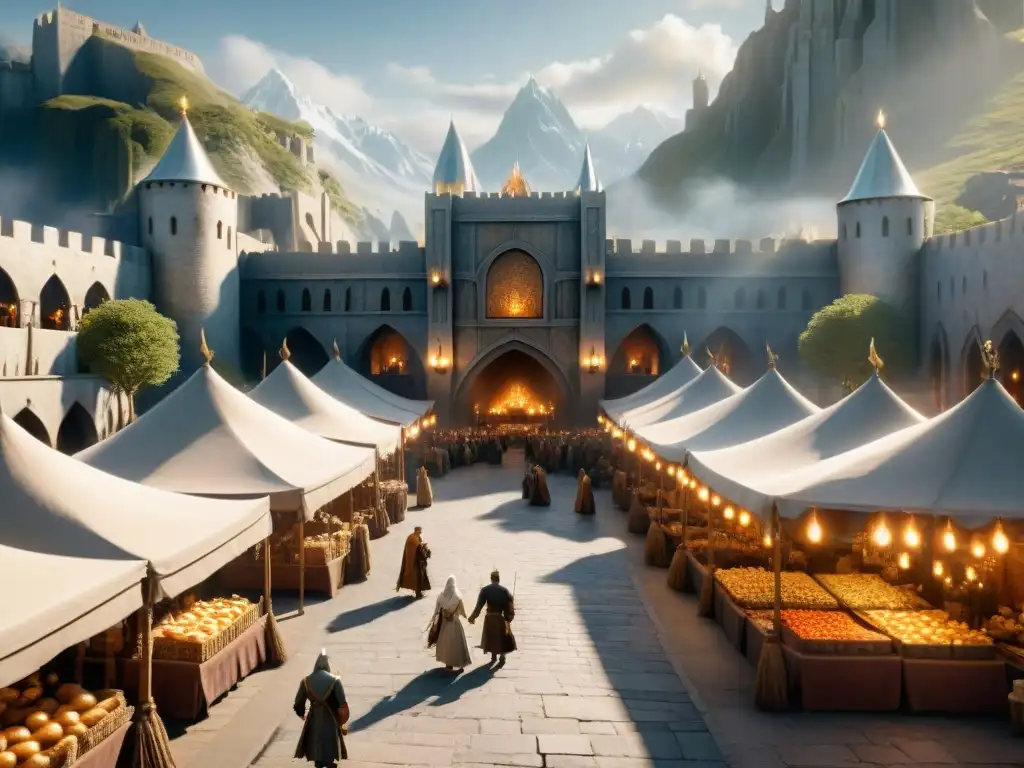 Un vibrante mercado en Minas Tirith, con vendedores y arquitectura gondoriana