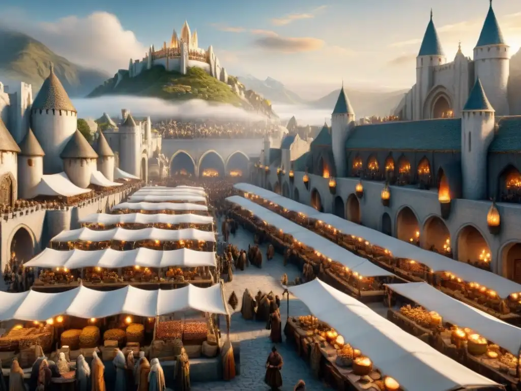 Vibrante mercado en Minas Tirith, comerciantes, hobbits y actividad económica
