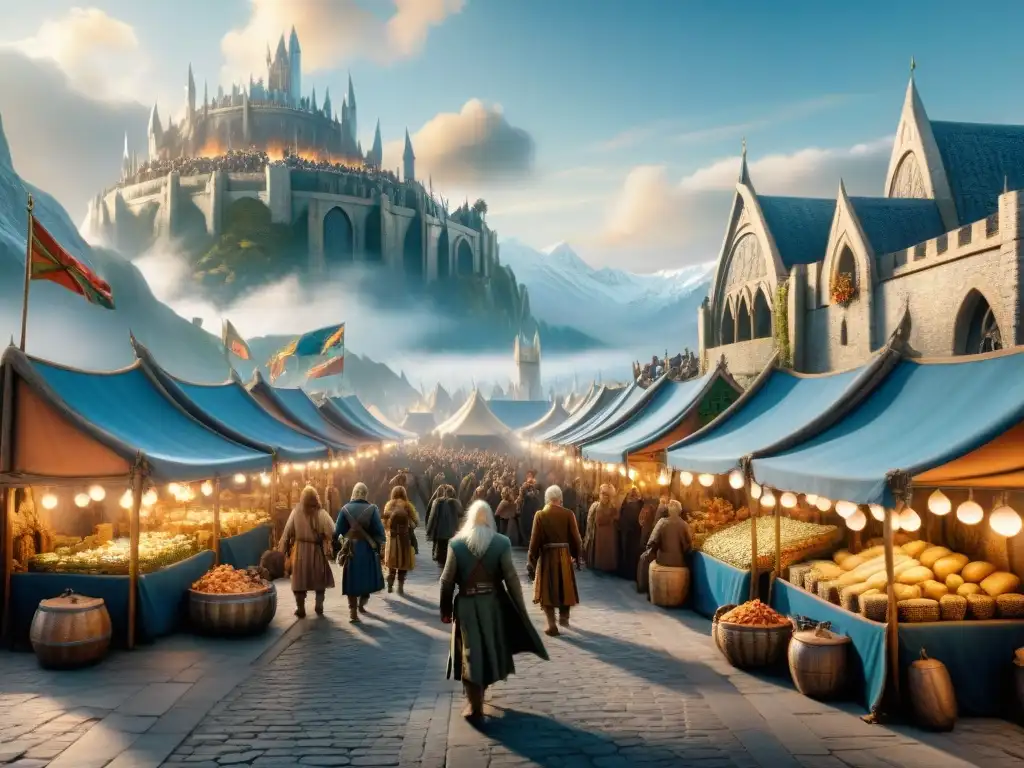 Vibrante mercado en Minas Tirith con hobbits, enanos y elfos comerciando