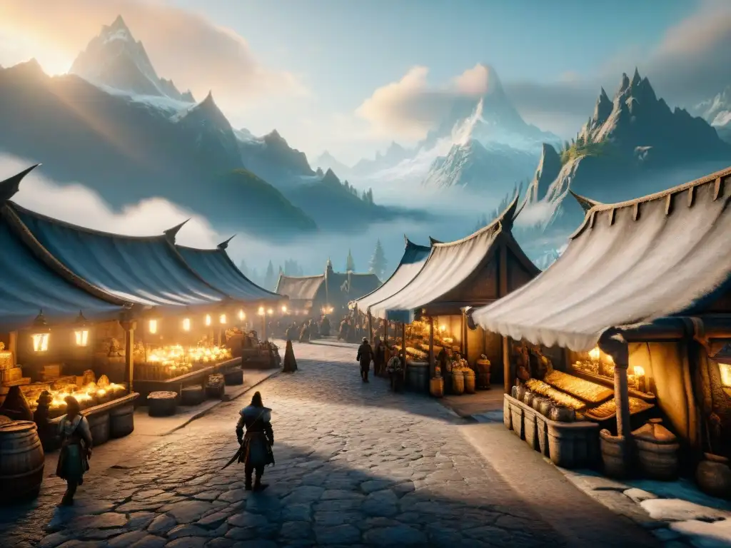 Vibrante mercado en Whiterun al atardecer, con comerciantes, aventureros y Dragonsreach