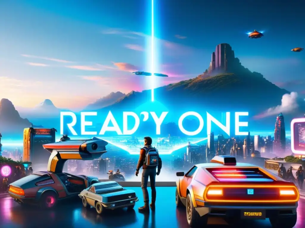 Un vibrante mundo futurista al estilo de Ready Player One, lleno de luces de neón, rascacielos y avatares en acción