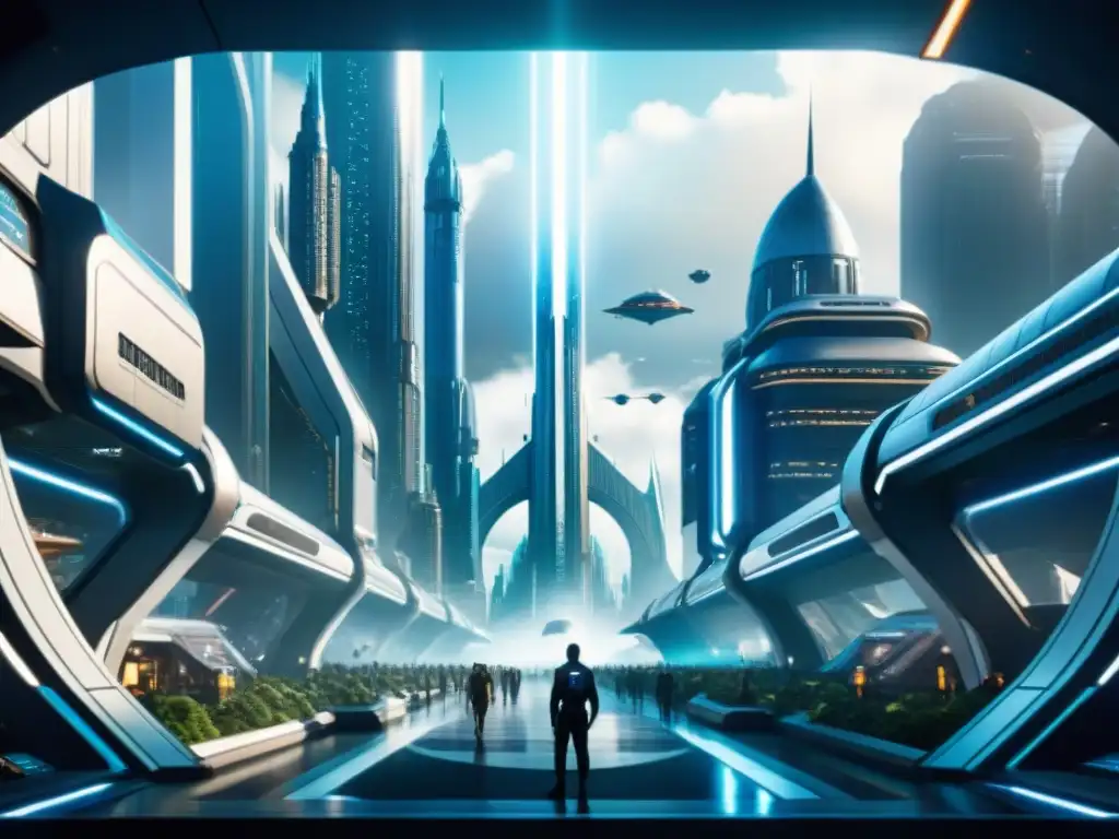 Un vibrante paisaje futurista de 'Ender's Game' con estrategias económicas en juego, mostrando tecnología avanzada y bulliciosa actividad comercial