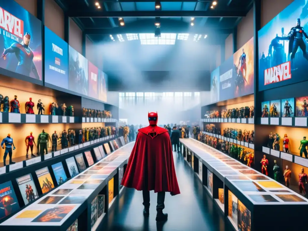 Un vibrante panorama de una convención de cómics con merchandising personalizado de Marvel, cosplayers y ambiente de historias ficticias