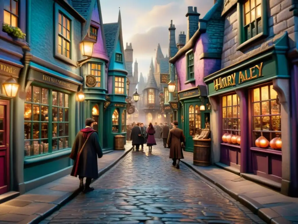 Un vibrante Diagon Alley repleto de magia y actividad, con tiendas mágicas detalladas y seres fantásticos