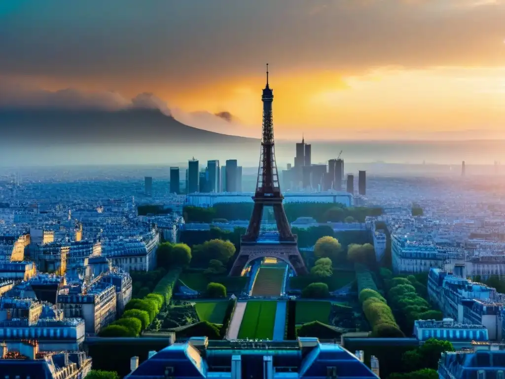 Vibrante silueta de la Torre Eiffel al atardecer en París, revelando secretos detrás de Inception París