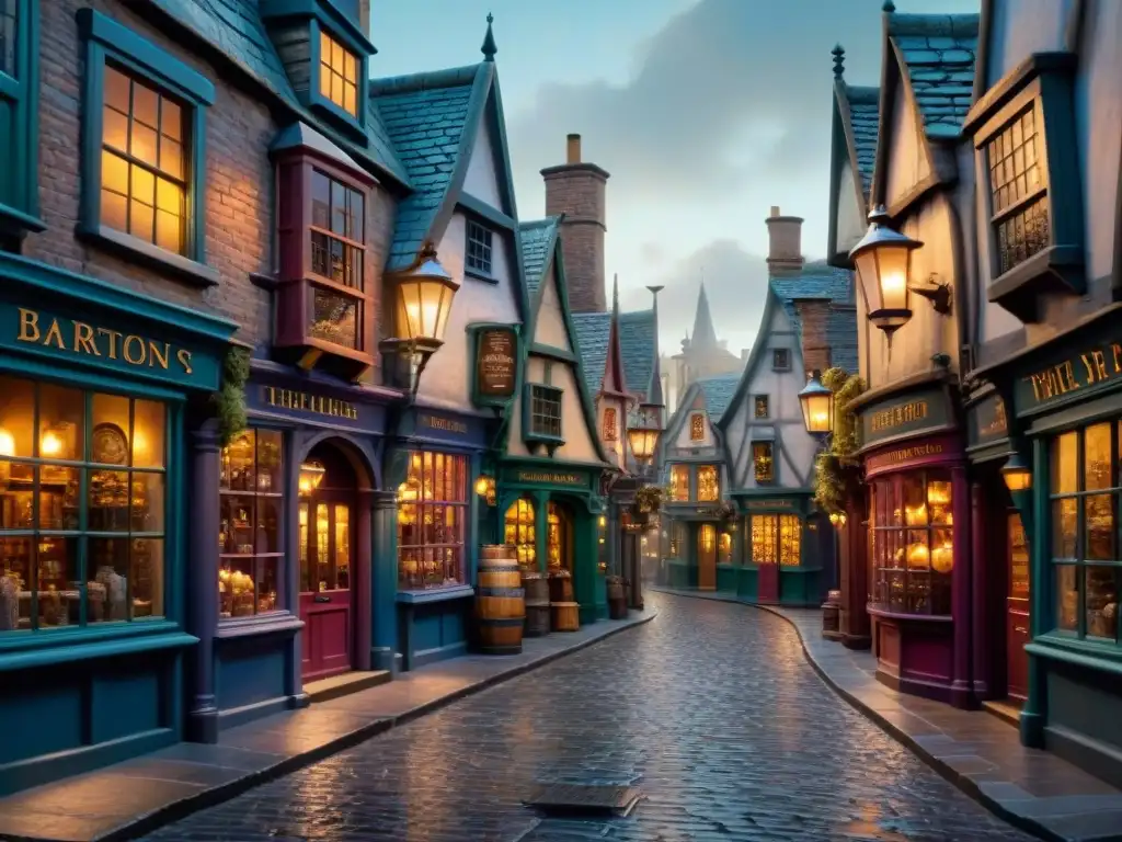 Vibrante Diagon Alley con tiendas mágicas y brujas y magos, Leaky Cauldron y búho postal volando