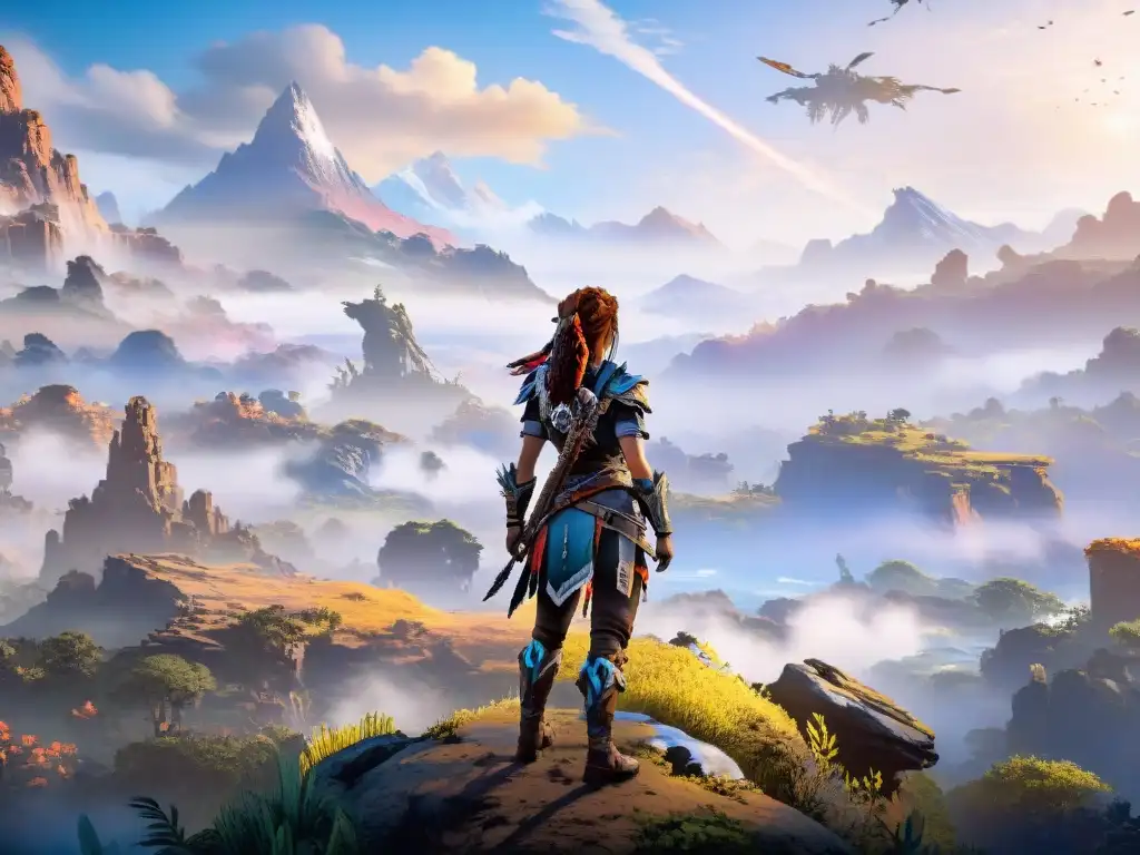 Aloy en la cima: horizonte posapocalíptico en Horizon Zero Dawn Aloy contempla el vibrante universo de Horizon Zero Dawn desde un acantilado al atardecer