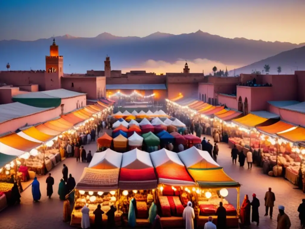 Un vibrante zoco en Marrakech con colores y artesanías tradicionales bajo la luz de las linternas y la silueta de las Montañas del Atlas al atardecer