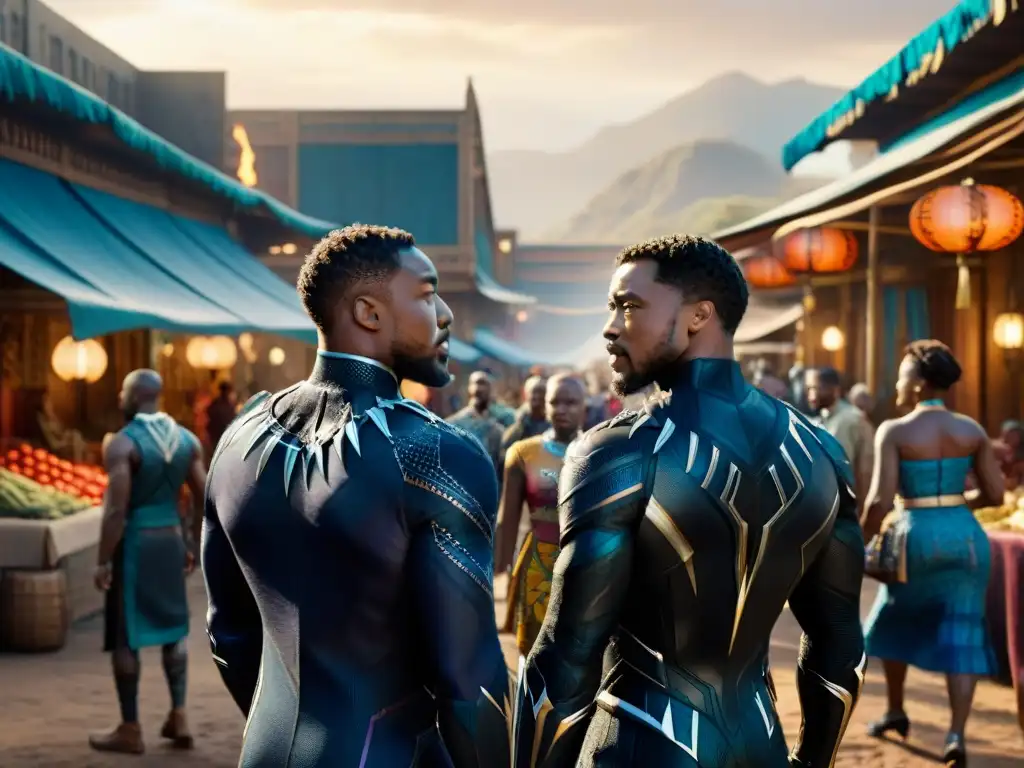 Vibrantes calles de Wakanda con arquitectura futurista y ciudadanos en atuendos tradicionales, representación cultura africana en Hollywood