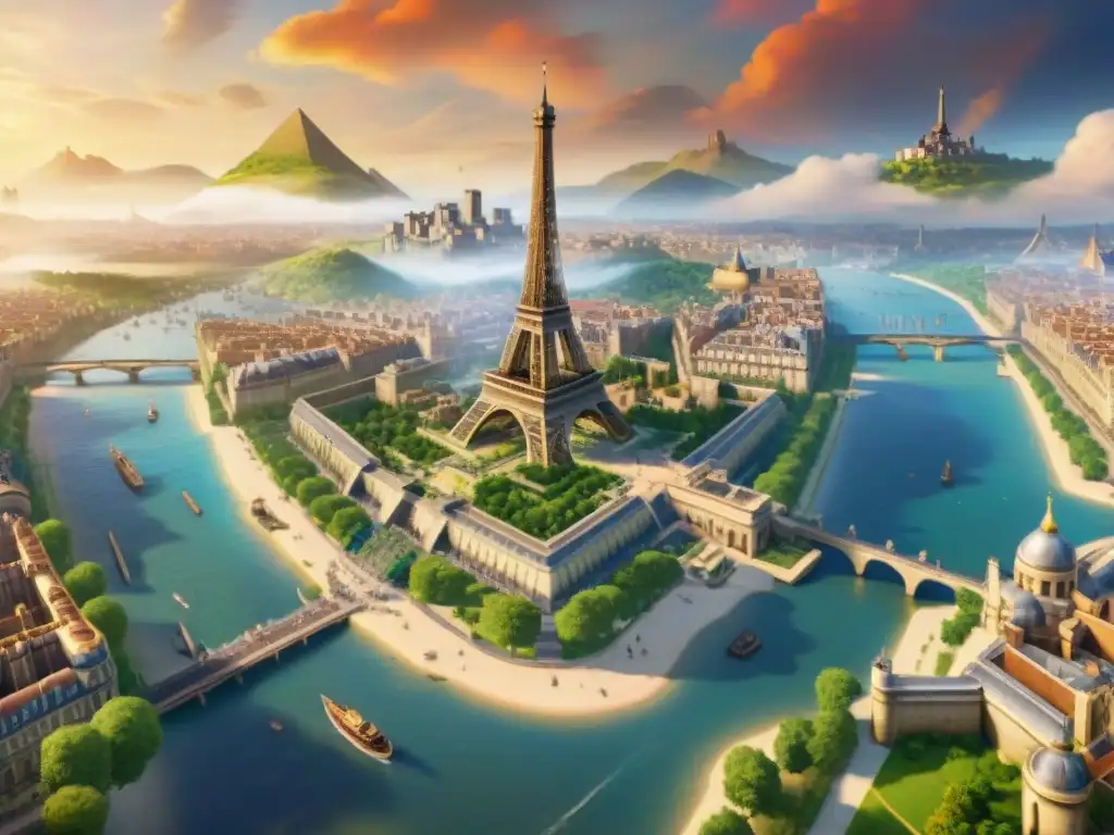 Descubre la vida en la ciudad de París en Civilization VI con la icónica Torre Eiffel y el río Sena bajo un atardecer vibrante