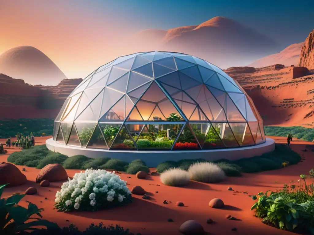 Vida en ecosistemas artificiales: biodomo futurista en Marte con paisaje marciano y vida vibrante dentro