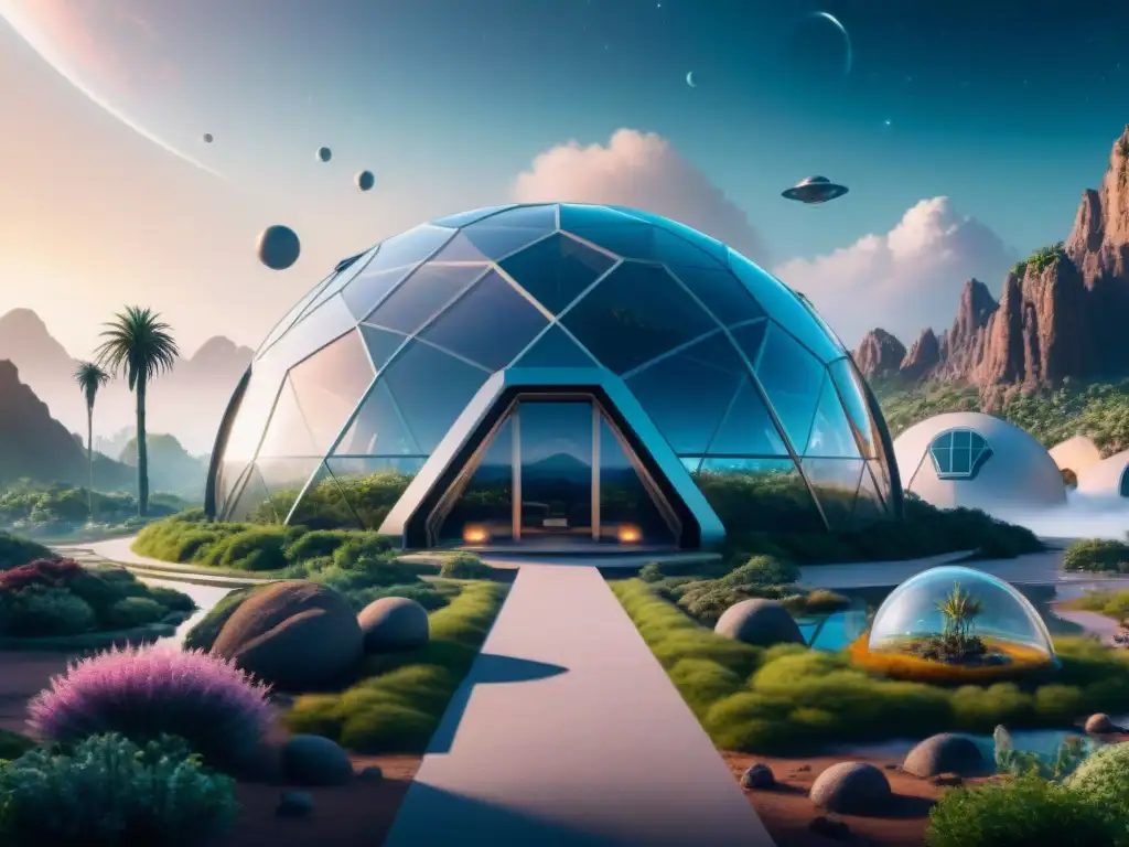 Vida en ecosistemas artificiales: biodomo futurista en planeta remoto, diversidad y armonía entre especies alienígenas y naves espaciales