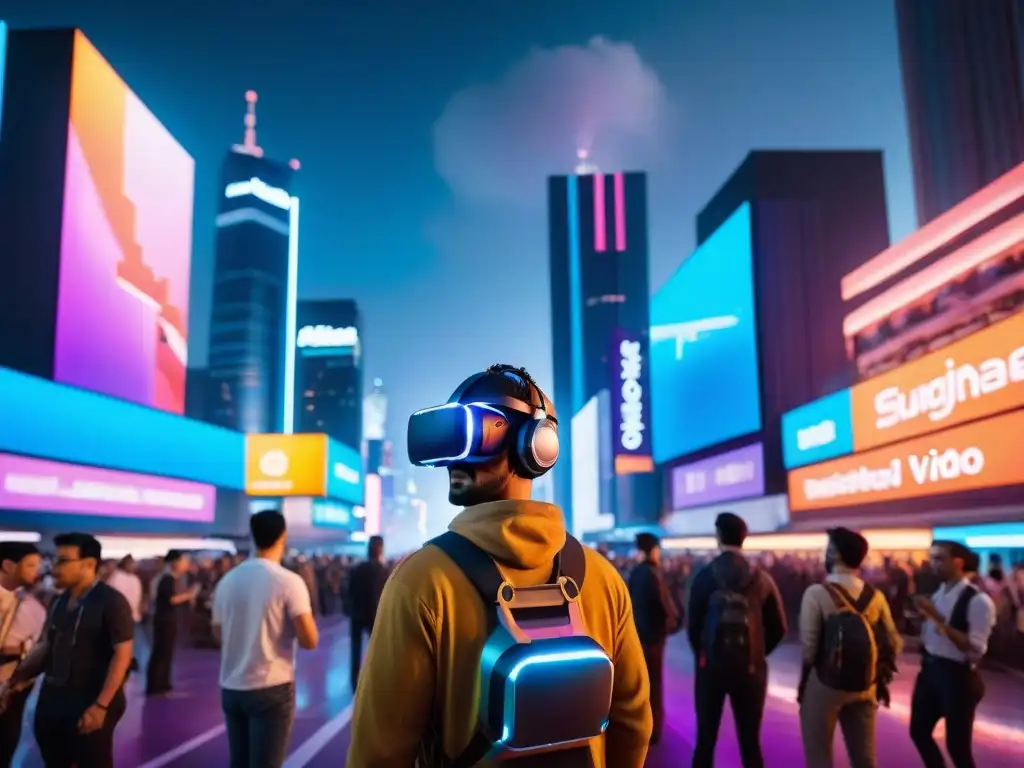 Vivir dentro de un videojuego: Ciudad futurista con luces de neón, rascacielos y personas inmersas en realidad virtual