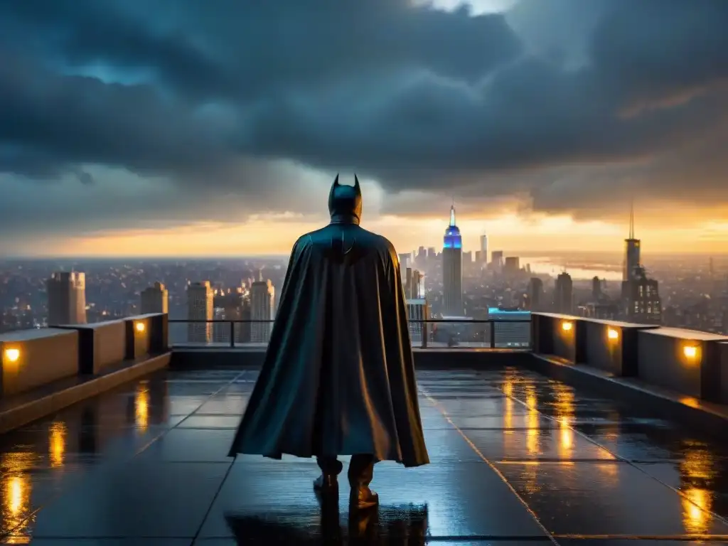 Vigilante en Gotham: el misterioso héroe de la noche Vigilante en traje negro mira Gotham bajo lluvia, con la capa ondeando