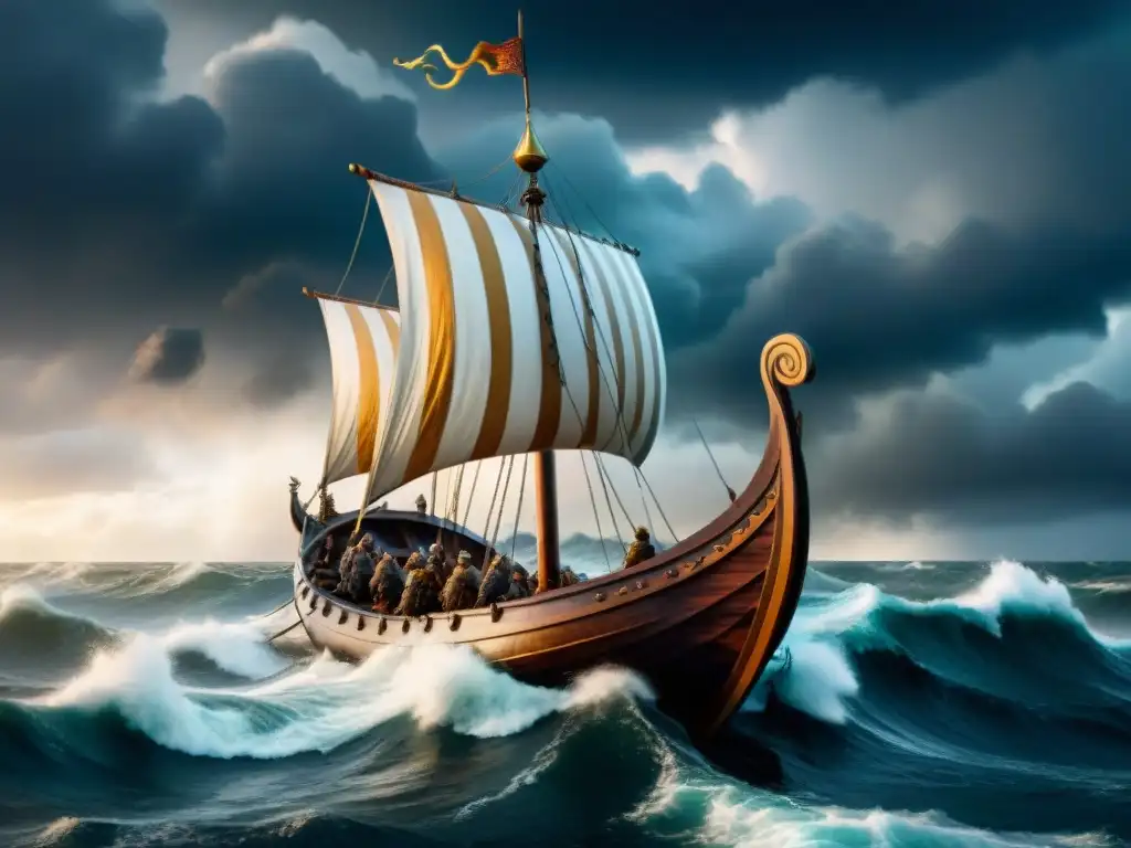 Épica ilustración de una nave vikinga en alta mar Un vikingo navega en su drakkar entre tormentas y olas gigantes, en una escena de Mitologías inspiradoras en universos ficticios