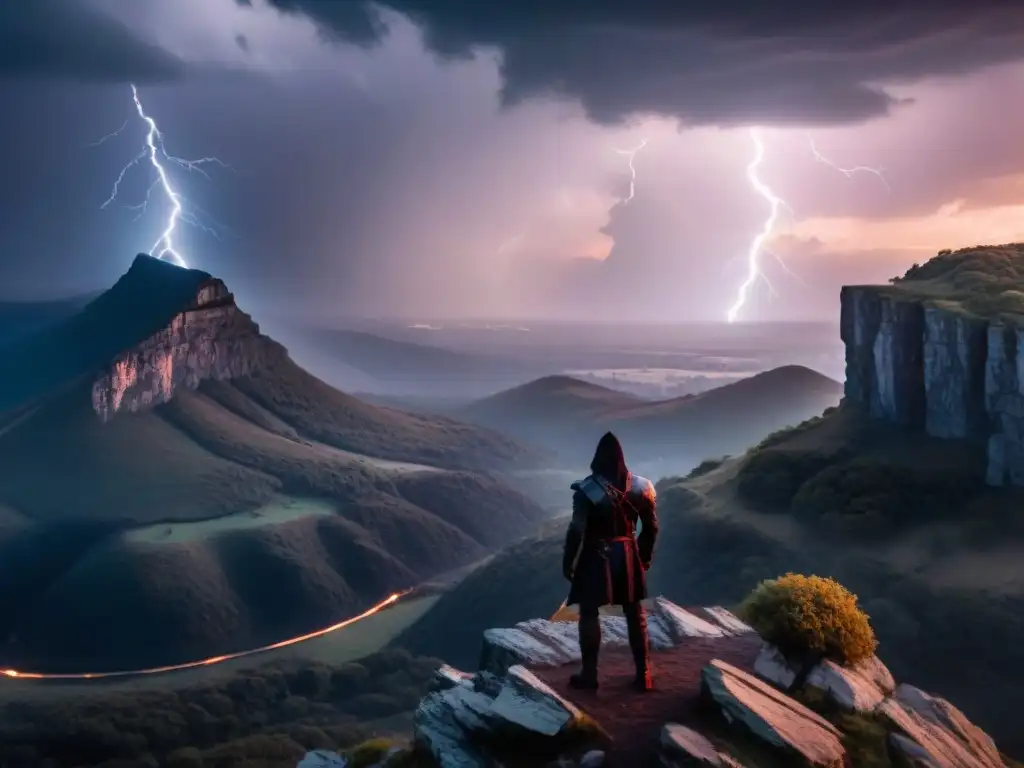 Villano en la cima de un acantilado, en la noche bajo luna roja, rodeado de paisaje ominoso y tormenta