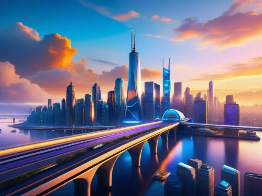 Una visión futurista de una ciudad con rascacielos, puentes y tecnología avanzada, en un vibrante atardecer