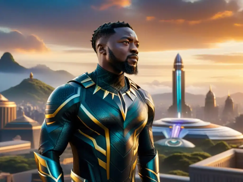 Una visión futurista de la cultura africana en Hollywood: Wakanda, con tecnología avanzada y tradiciones vibrantes bajo un cielo de atardecer