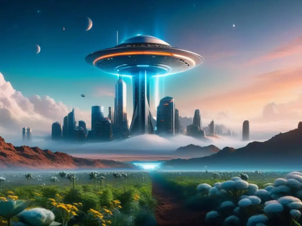 Una visión impresionante de una colonia espacial futurista rodeada de flora alienígena, reflejando la luz de una estrella distante