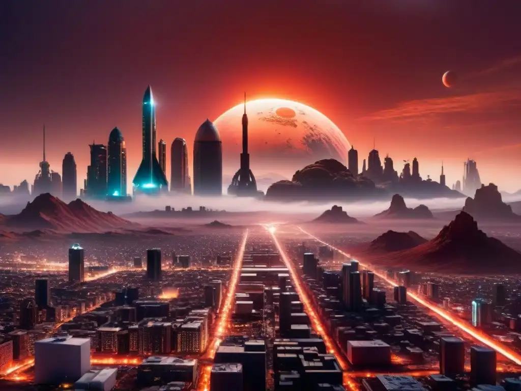 Una visión panorámica de una bulliciosa ciudad marciana con rascacielos imponentes y un cielo rojo, mostrando la colonización del sistema solar ficción en The Expanse